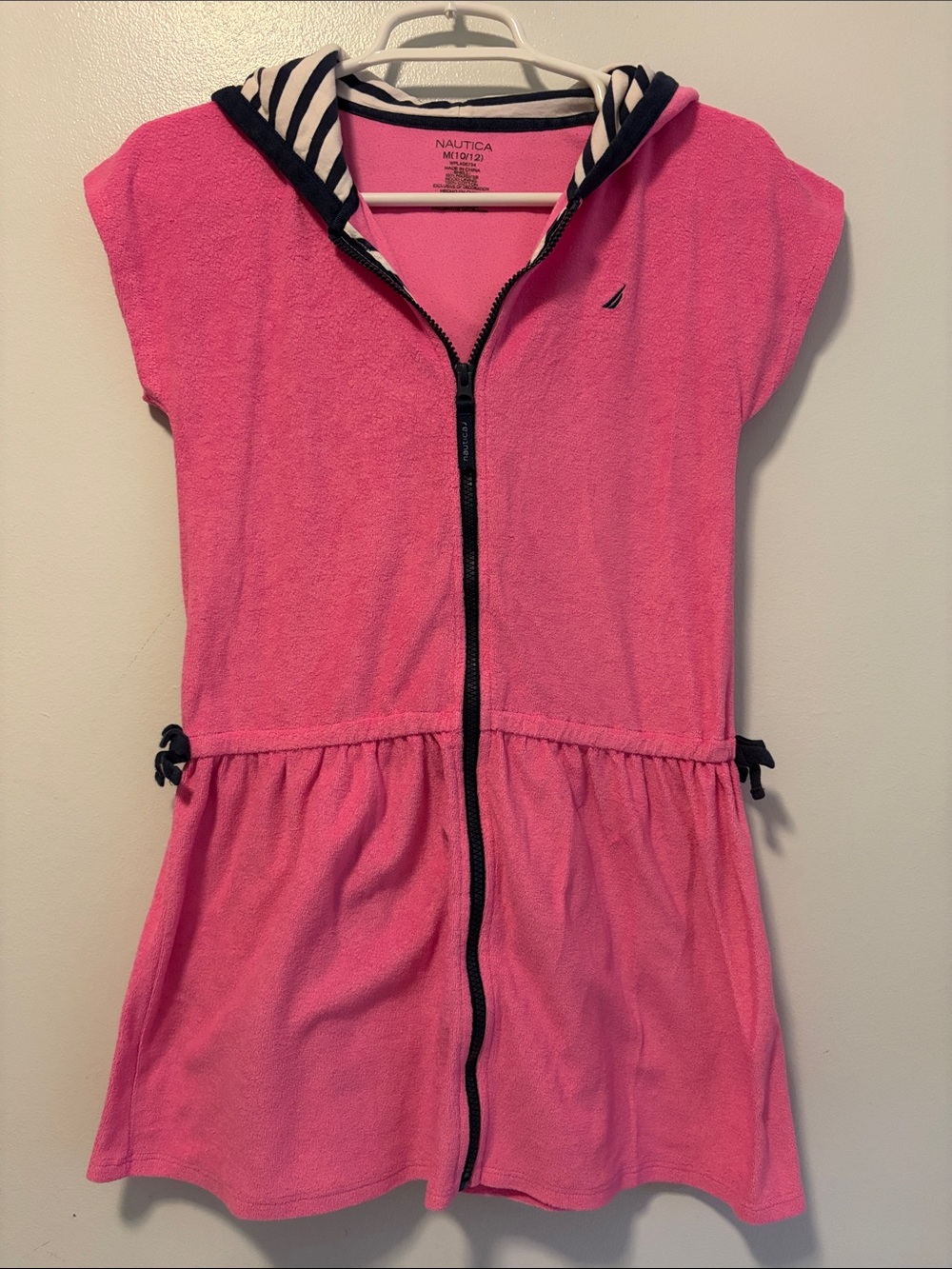Nautica Hot Pink Hooded Terry Zip Cover-Up with Navy Trim - Medium (10/12)